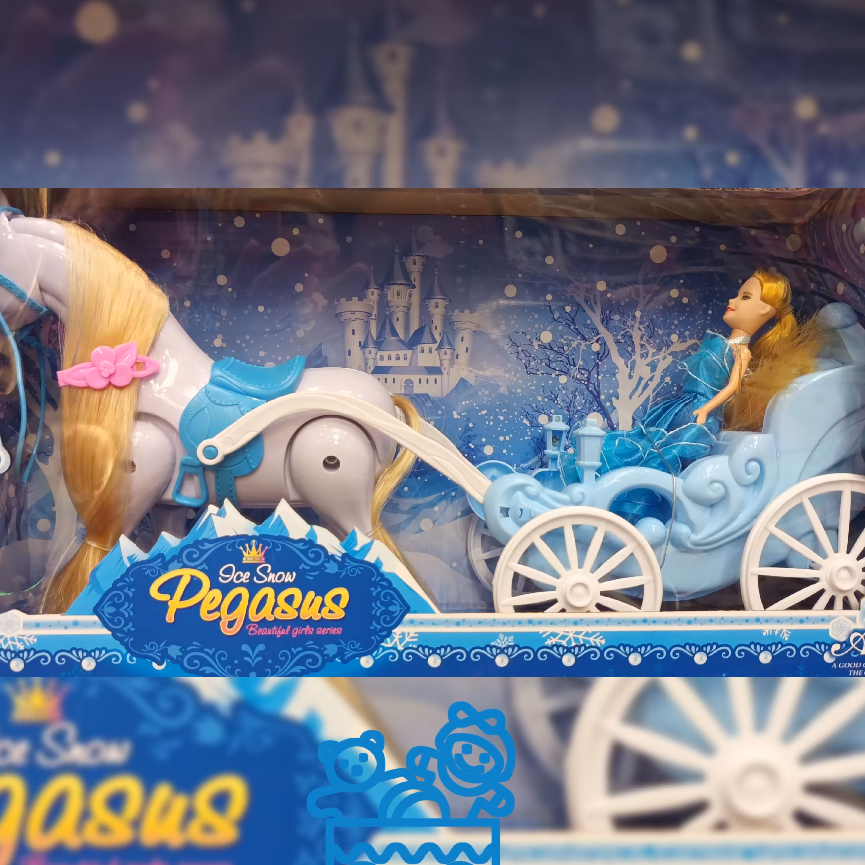 کالسکه با عروسک واسب باطری خور موزیکال وچراغدار اسب باطری خور وراهرو جنس خوب ووارداتی مناسب برای گروه سنی سه به بالا