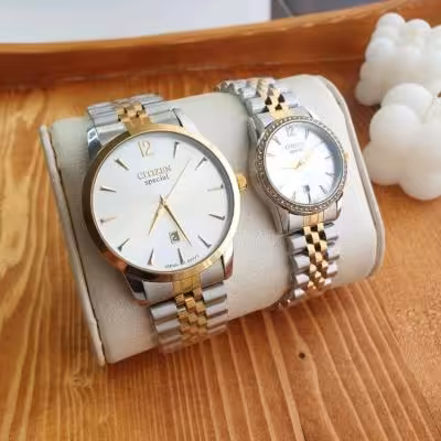 ساعت ست سیتیزن زنانه و مردانه بند استیل دو رنگ صفحه سفید