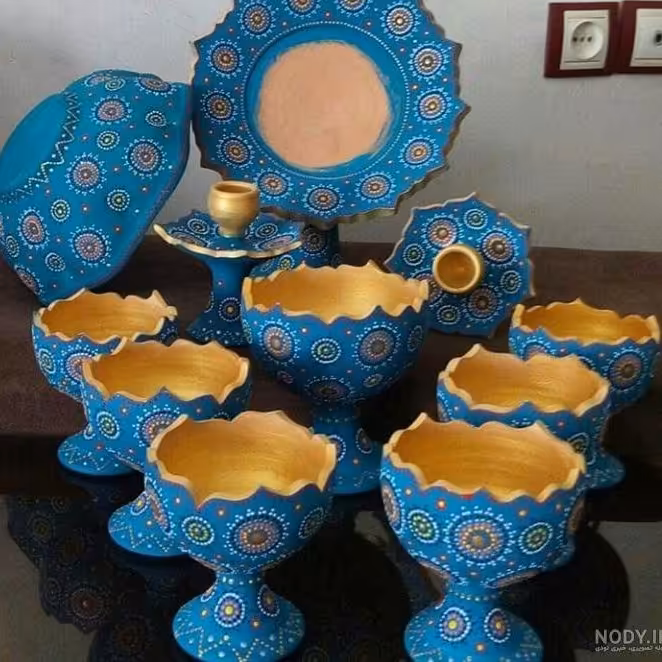 ست هفت سین سفالی طرح نقطه کوبی در رنگ و طرح های مختلف  همراه با آیینه و شمعدان 