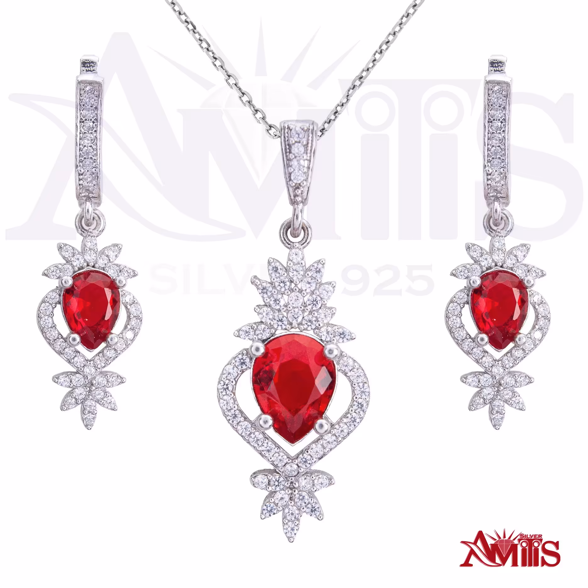  نیم ست نقره زنانه مدل یاقوت AMT-N199 