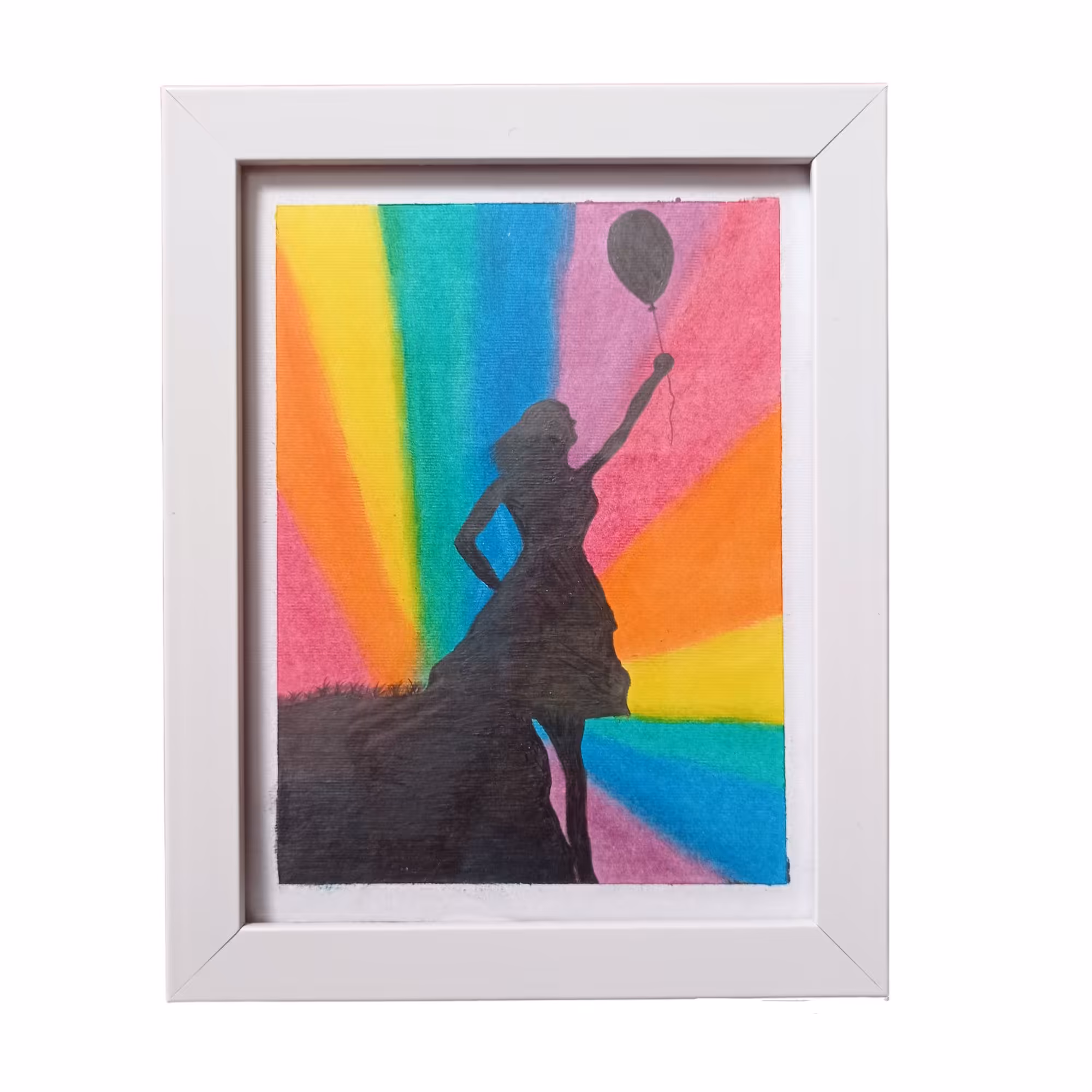 تابلو نقاشی پاستل روغنی طرح دختر رنگین کمانی و بادکنک