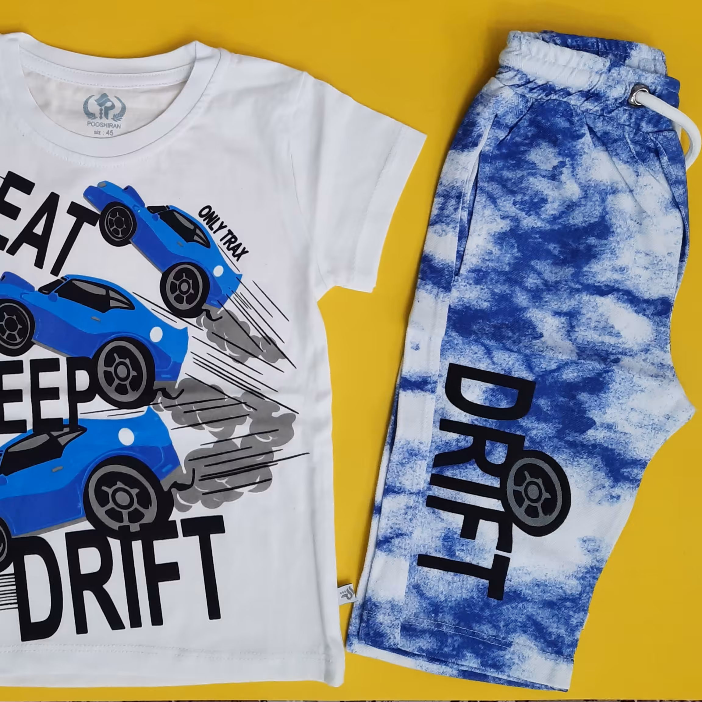 تیشرت شلوارک ست پسرانه مدل driftطرح ماشین چاپی سایز 45 و 50