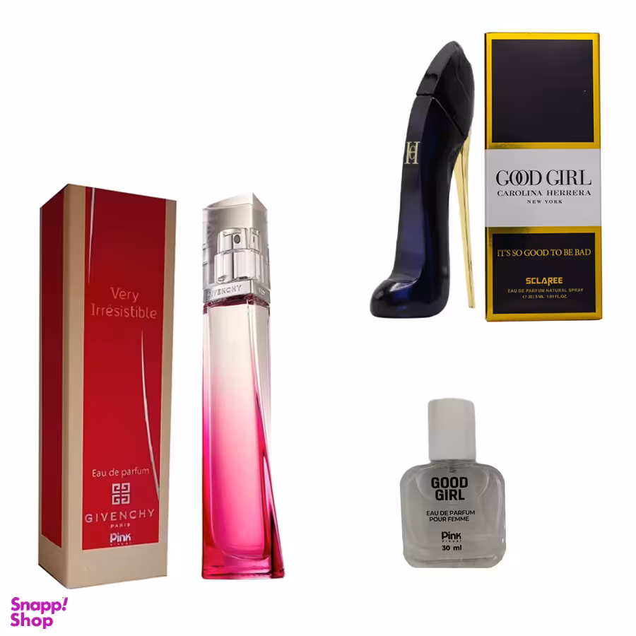 عطر زنانه پینک ویژوآل مدل Givenchy Very Irresistible به همراه عطر جیبی و عطر اسکلاره مدل Good Girl
