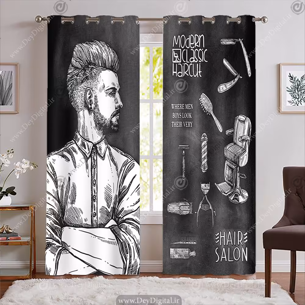 پرده آرایشگاه مردانه با تم کلاسیک وکتوری و زمینه تیره WA-1177-s