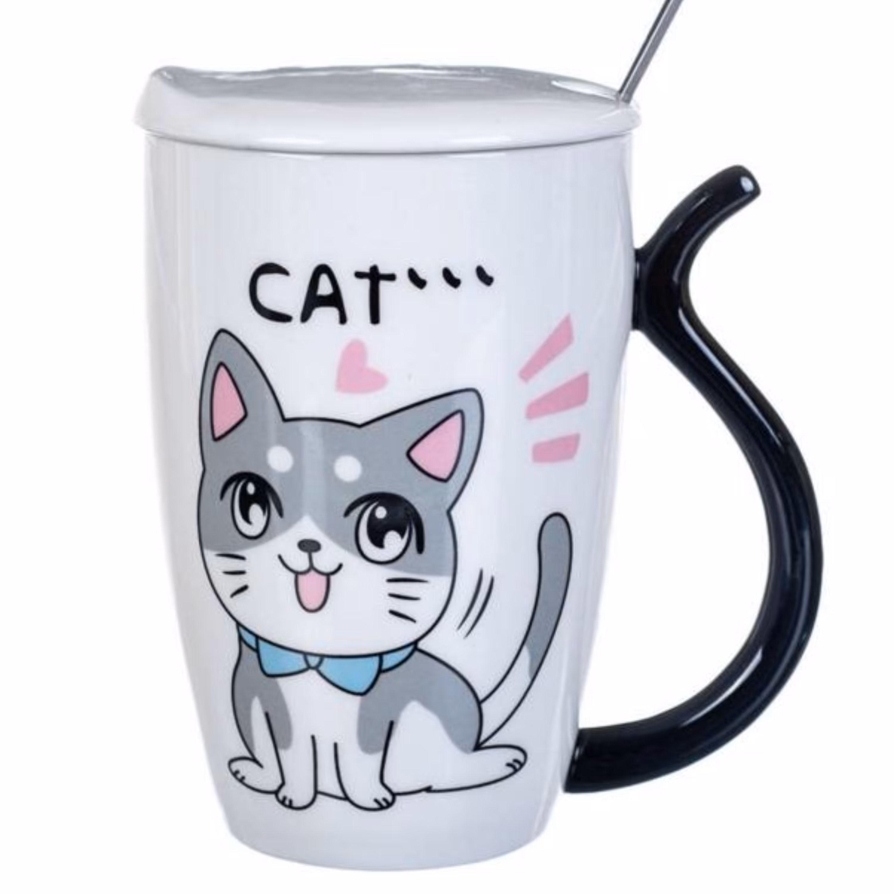 ماگ سرامیکی درب دار باکیفیت طرح گربه کوچولو همراه با قاشق استیل بلند