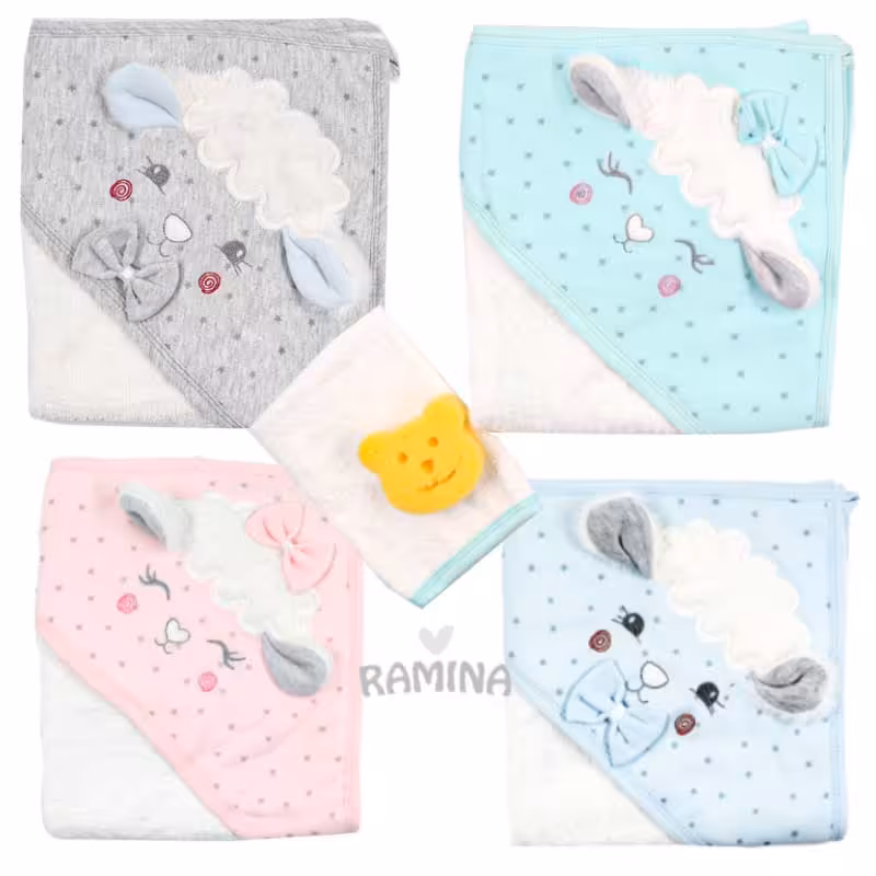 ست حوله کلاهدار و لیف نوزاد طرح گوسفند اک بیبی Ekebaby