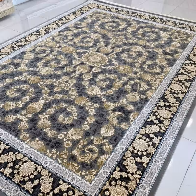 فرش ماشینی9متری طلاکوب گل برجسته طرح ماهروتراکم3000رنگ گری