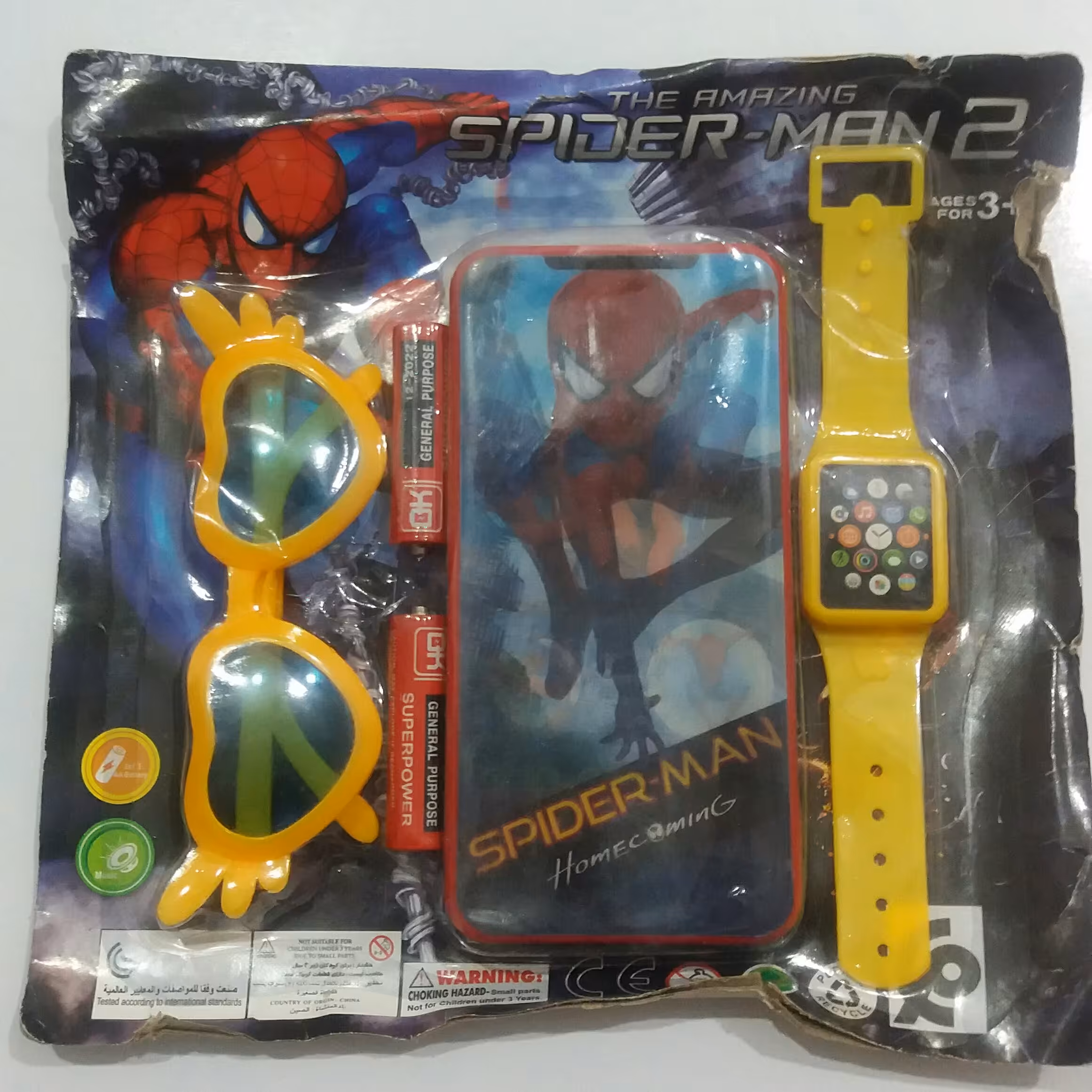 موبایل سه بعدی (لمسی)باطری خور (همراه با باطری) طرح مرد عنکبوتی به همراه عینک و ساعت رو کارتی