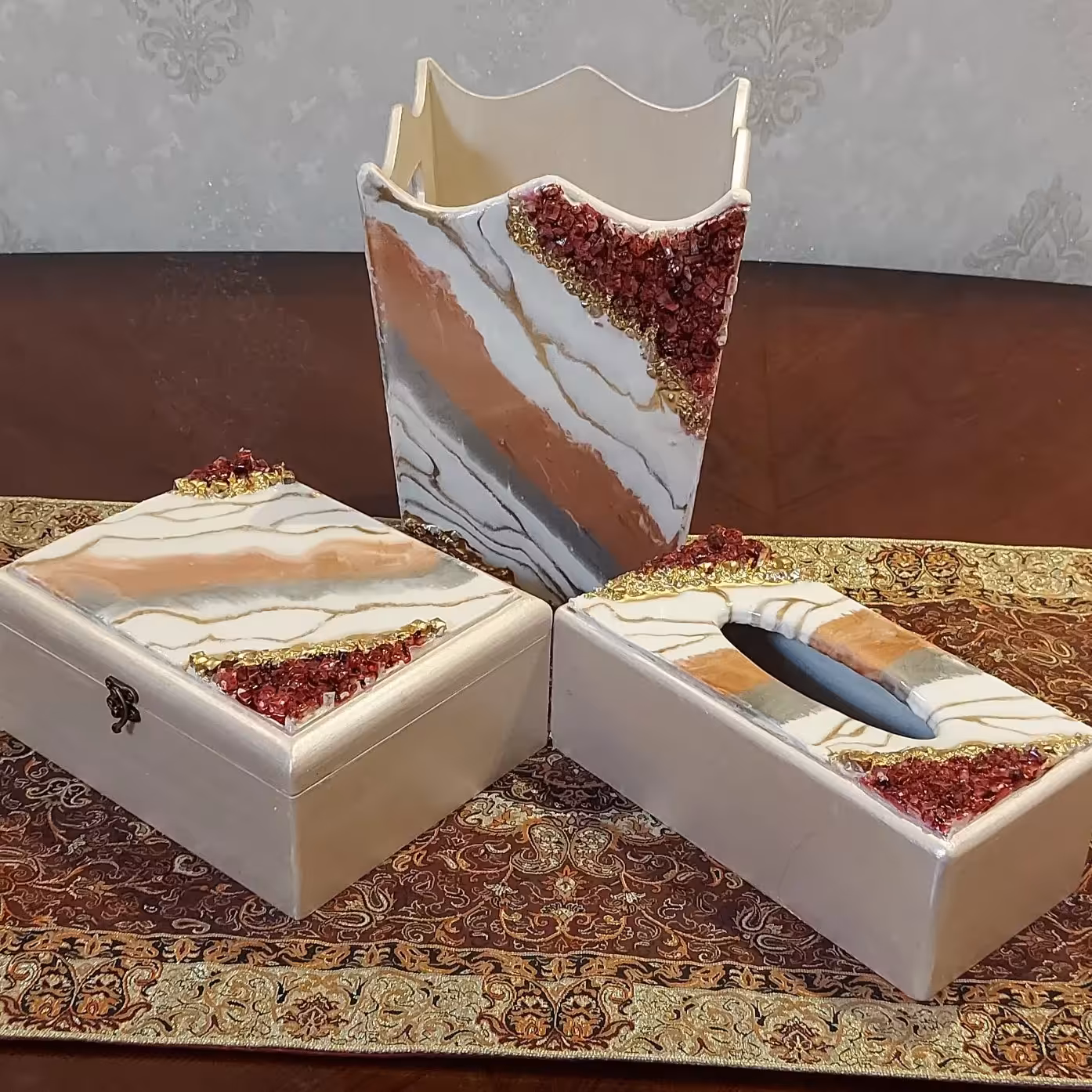 ست جعبه دستمال و سطل و جعبه قاشق چنگال