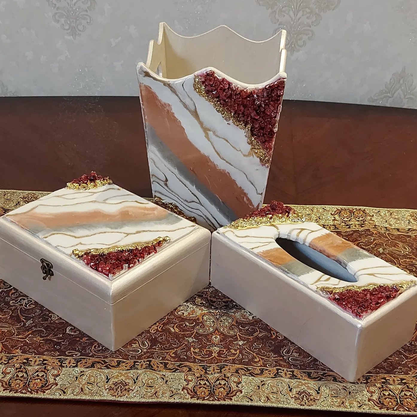 ست جعبه دستمال و سطل و جعبه قاشق چنگال