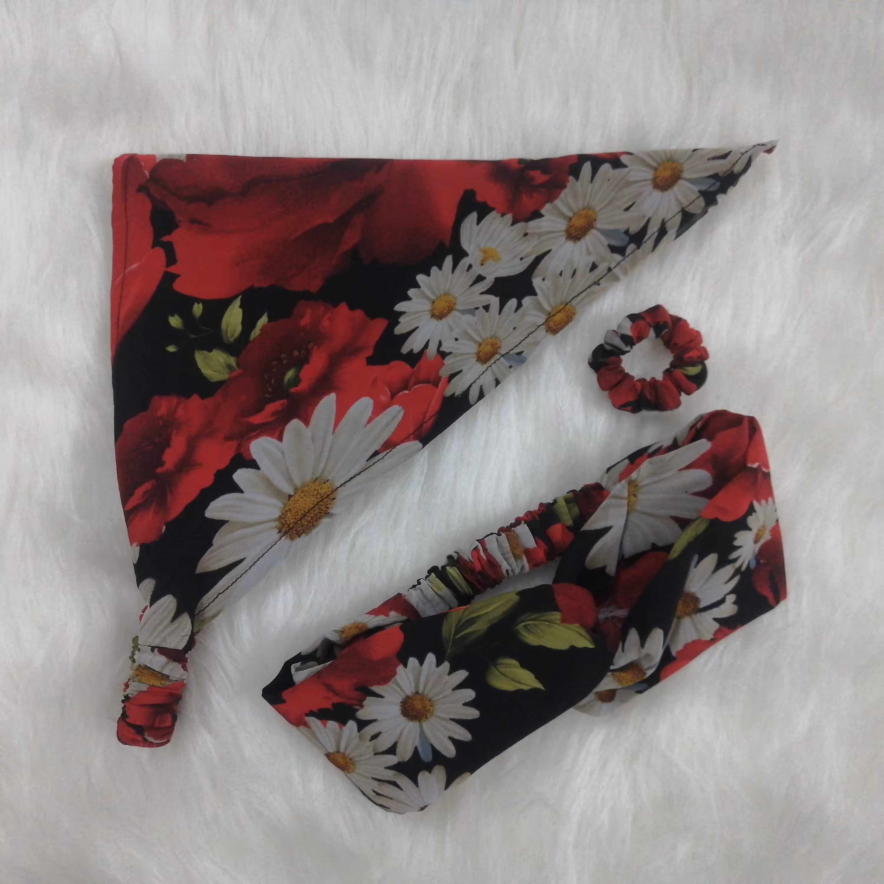 باندانا کشی وهدبند گره ای و مینی اسکرانچی  ست سه تکه طرح گل ارسال رایگان 