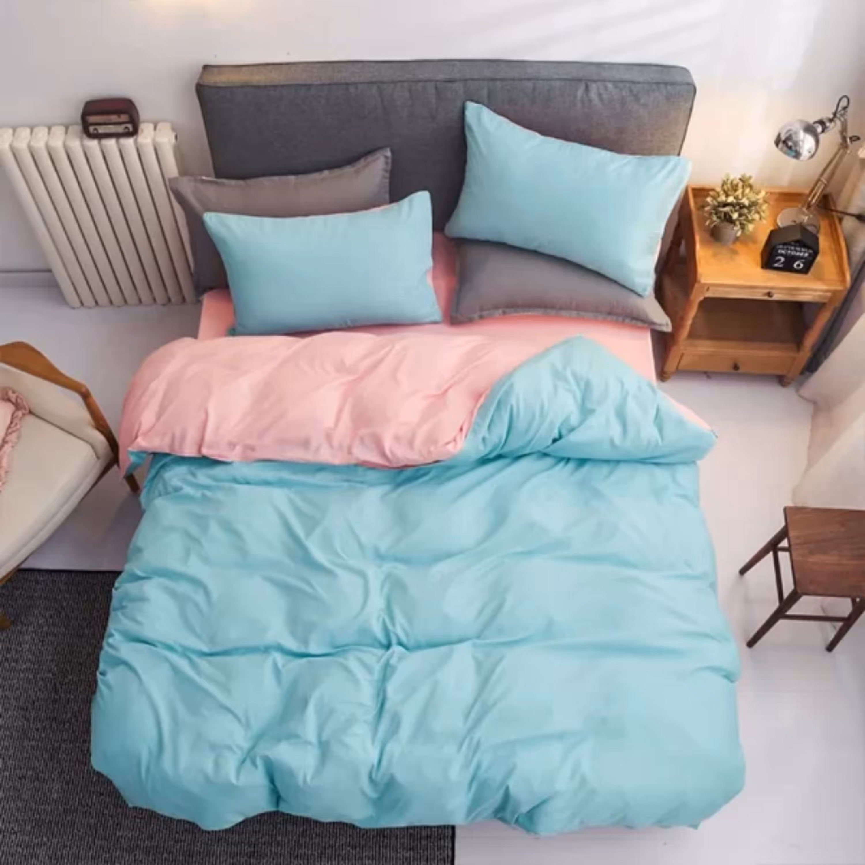 سرویس روتختی کاوری دورنگ چیداری فیروزه ای صورتی دو نفره چهار تکه