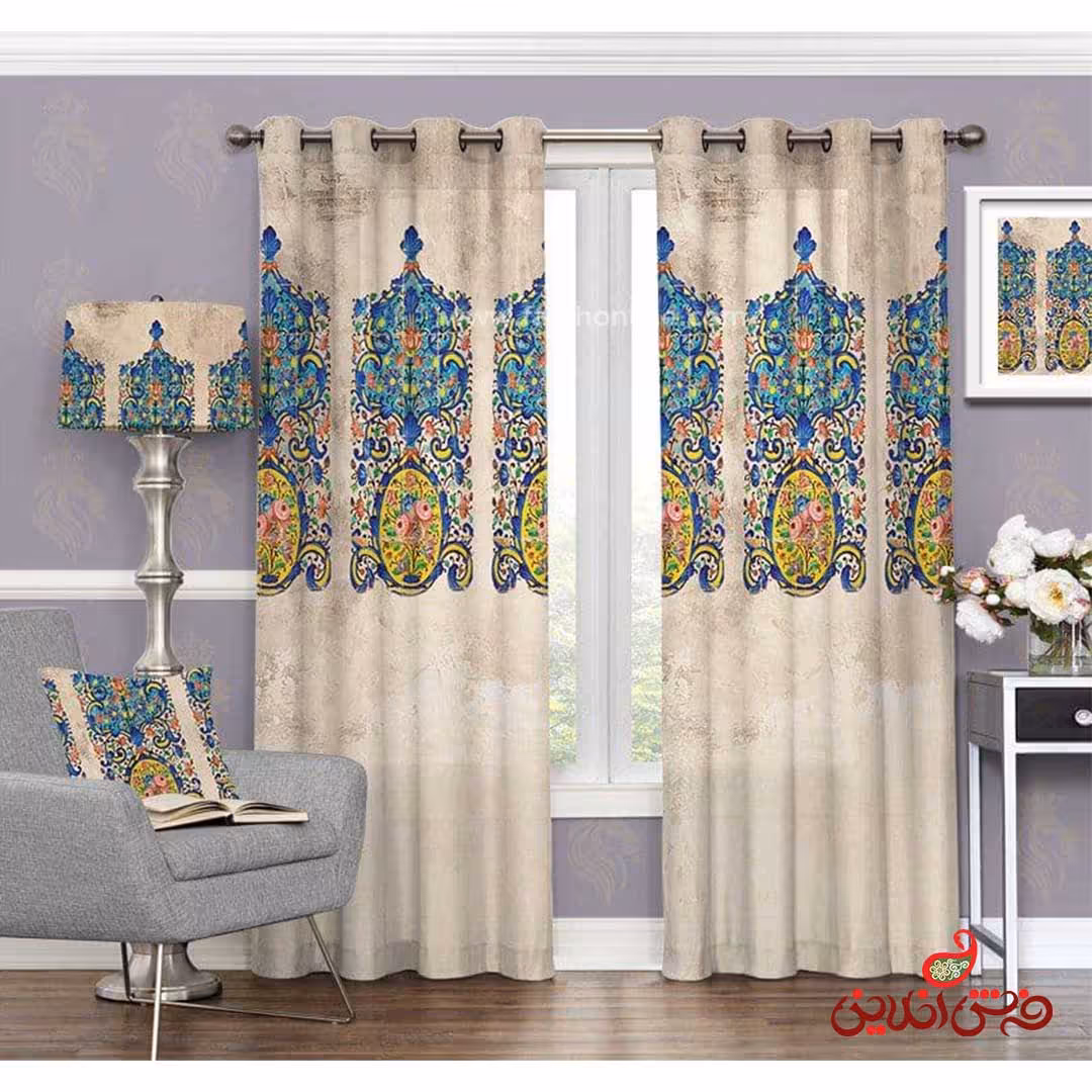 پرده طرح سنتی آبی و زرد کد 3349