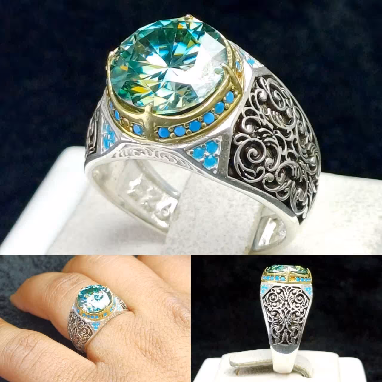  انگشتر موزانایت الماس روسی اصلی  رکاب نقره طرح قلم مخراجی انگشتر نقره مردانه نقره عیار 925ارسال رایگان 