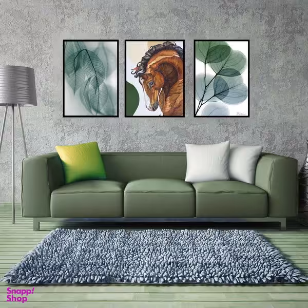 تابلو بکلیت طرح نقاشی دکوری مدرن برگ سبز و اسب مدل B-1515 مجموعه 3 عددی