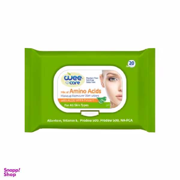 دستمال مرطوب آرایش پاک کن وی کر (Wee Care) حاوی آمینواسید بسته 20 عددی