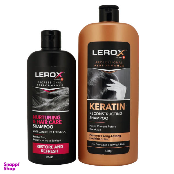 شامپو مو لروکس (Lerox) مدل Keratin وزن 550 گرم به همراه شامپو مو لروکس (Lerox) مدل Nurturing Hair Care وزن 300 گرم
