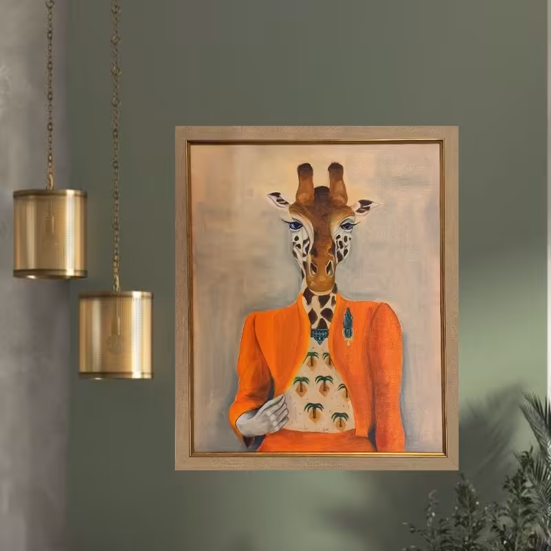 تابلو نقاشی زرافه کار شده با رنگ روغن روی بوم و قاب شده