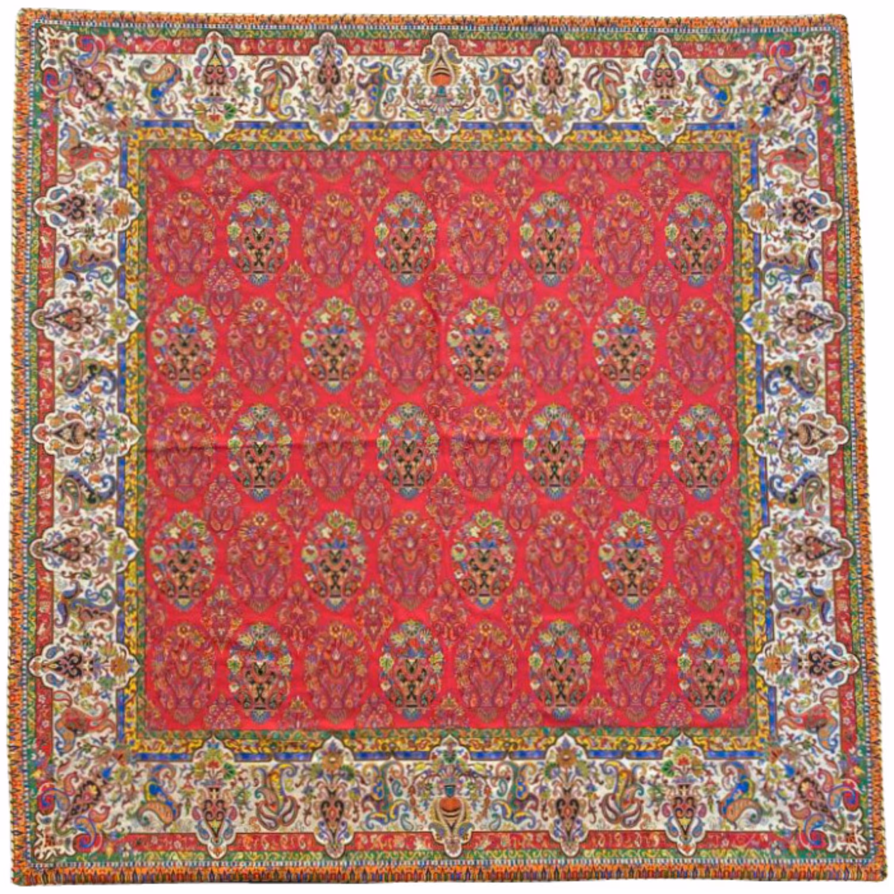 رومیزی مربع ترمه ابریشم کد TRM168 نفیس رنگ قرمز آستر زرشکی مغزی دوزی
