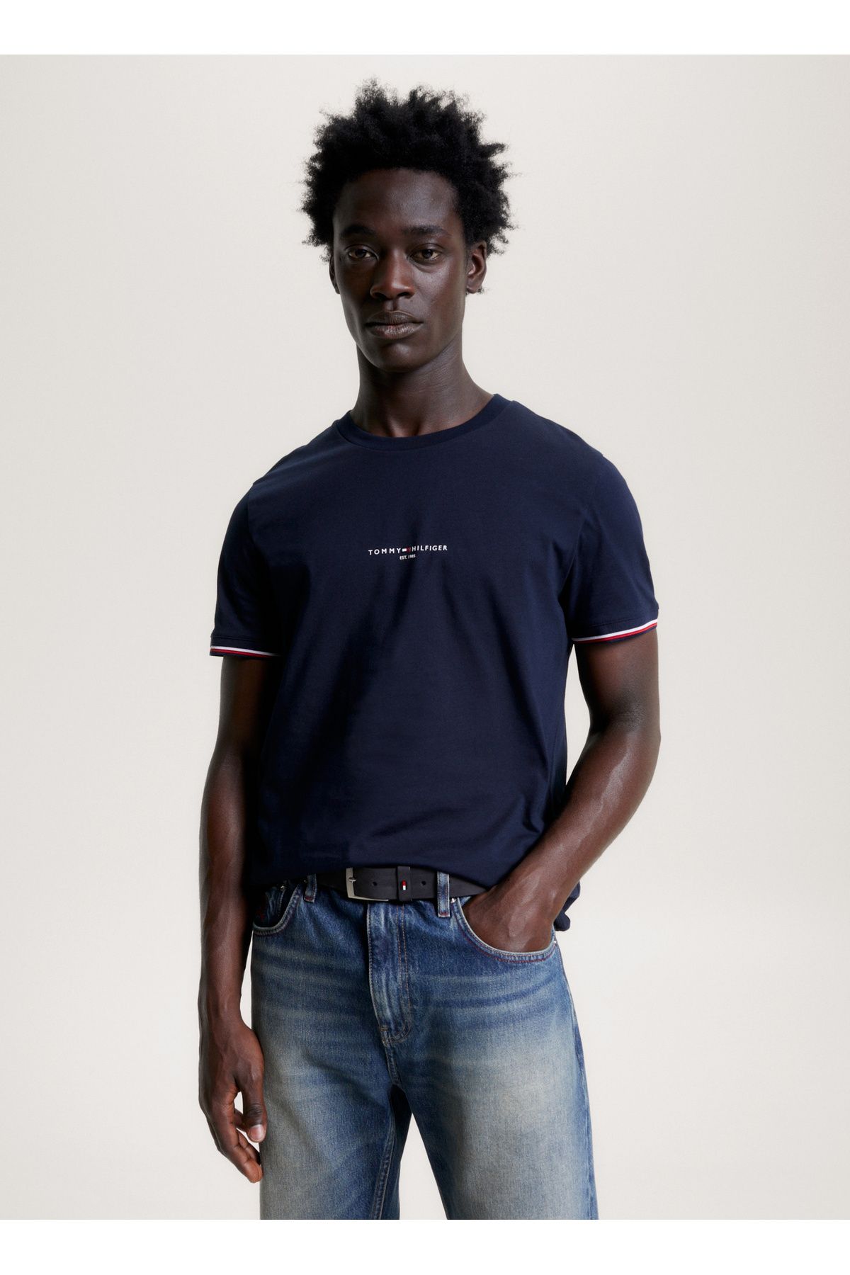 تی شرت مشکی مردانه سیاه یقه آبی MW0MW32584DW5 Tommy Hilfiger