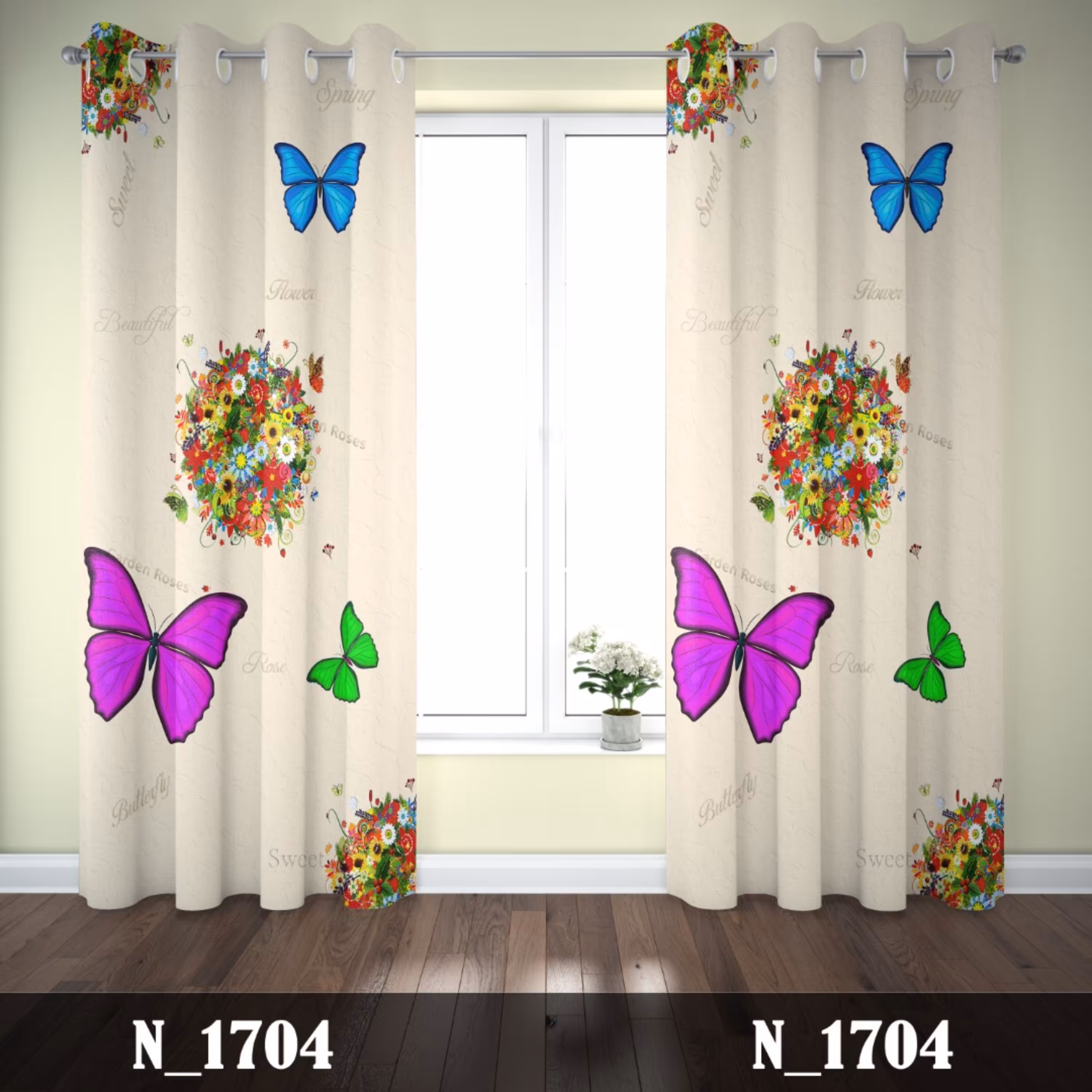 پرده پانچی تصویری طرح گل و پروانه رنگی  