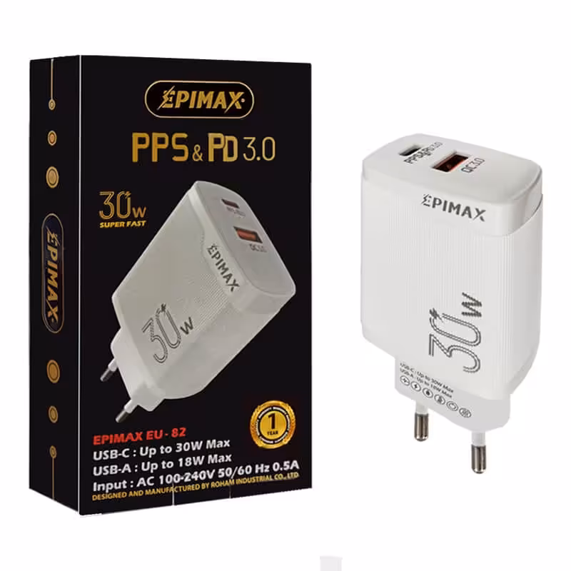شارژر  فست گوشی موبایل 30وات با ضمانت اپیمکس اصلی مدل epimax eu82