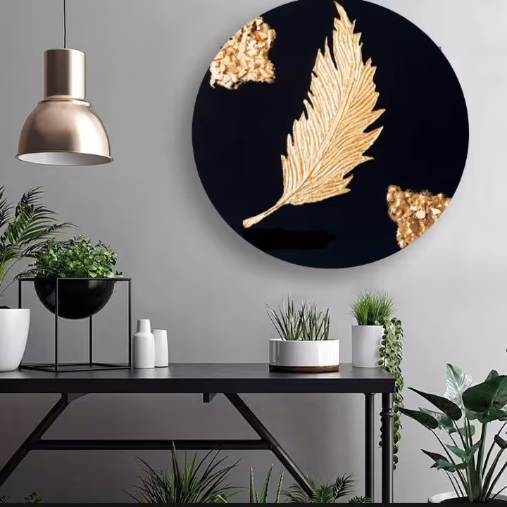 تابلو دکوراتیو دایره طرح پر برجسته کاری شده با خمیر تکسچر