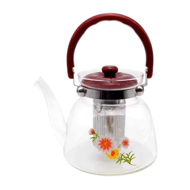 کتری، قوری  پیرکس 1400 میل شعله مستقیم ، دارای صافی از جنس استیل، دسته نسوز از جنس  باکالیت،مقاومت در برابر حرارت مستقیم