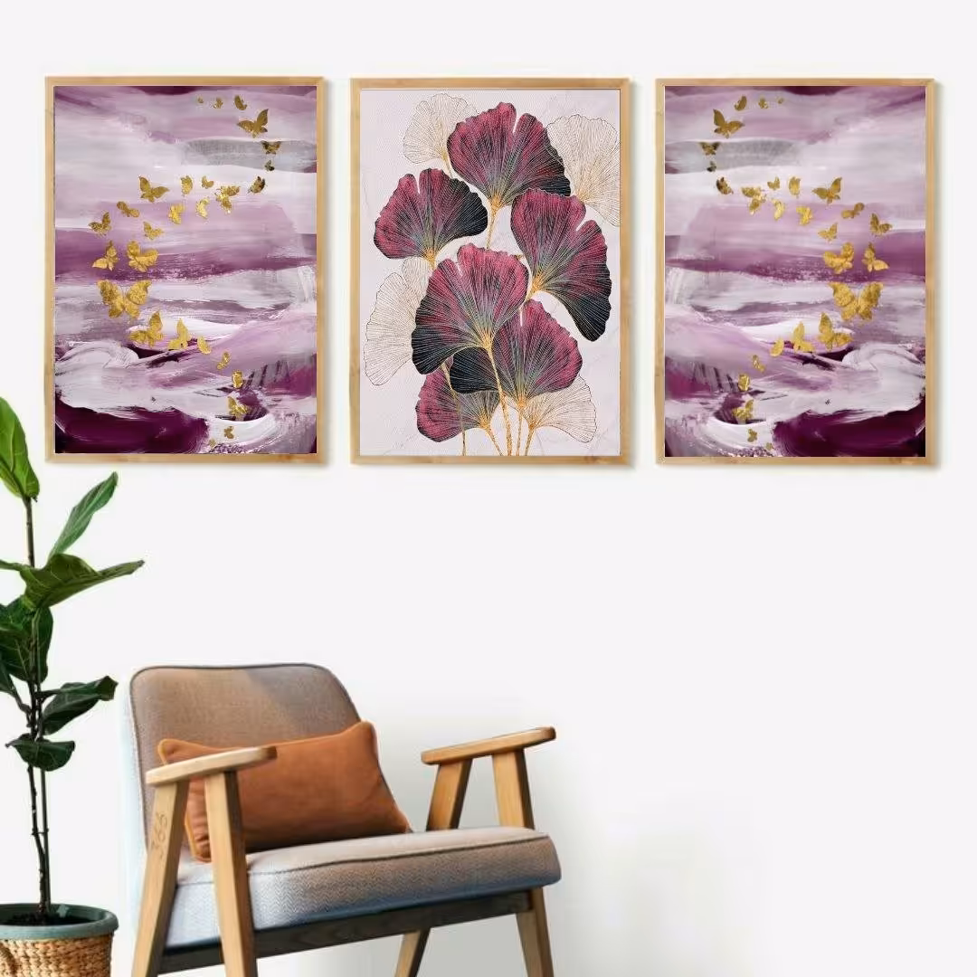 تابلو دکوراتیو 3تیکه پروانه و گلهای خوشرنگ