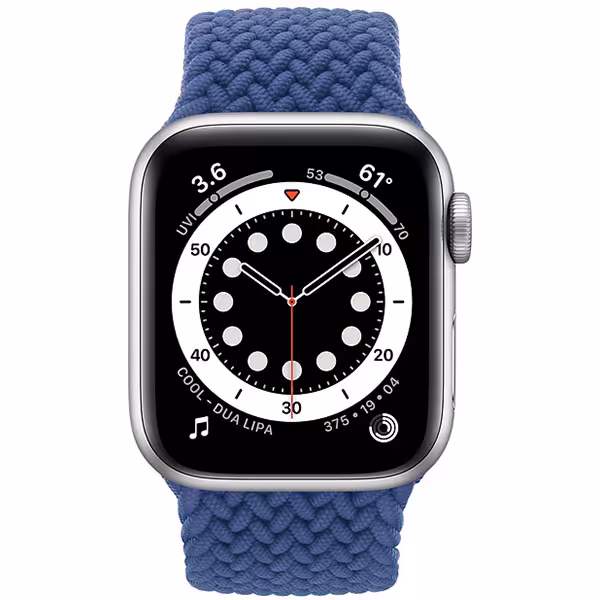 سری 6 آلومینیوم 40 میلیمتری زنانه قاب نقره ای با بند بافته آبی - Hiapple.ir