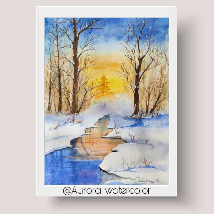 نقاشی غروب منظره ی برفی تکنیک آبرنگ