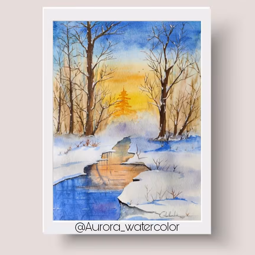 نقاشی غروب منظره ی برفی تکنیک آبرنگ