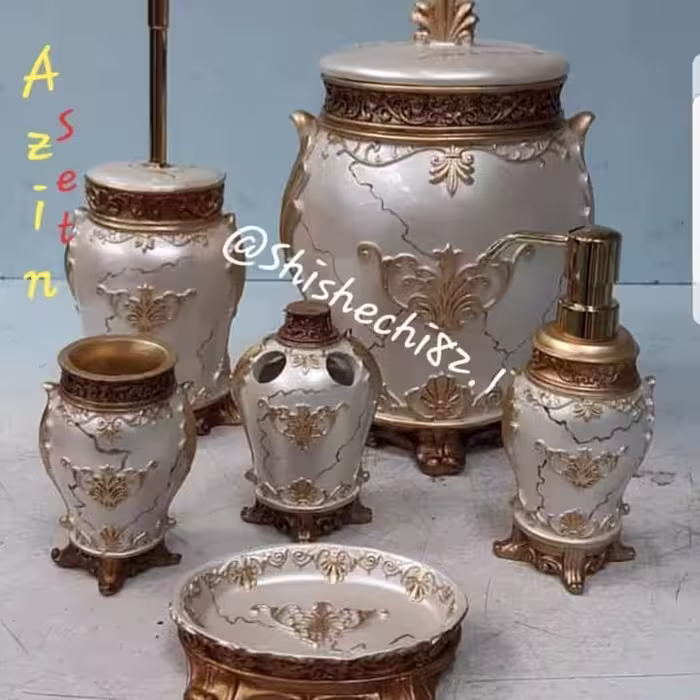 ست سرویس بهداشتی مدل سلطنتی برند آذین ست/ رنگ سفید صدفی طرح سنگ پتینه کاری شده/( پرفروش ترین رنگ)