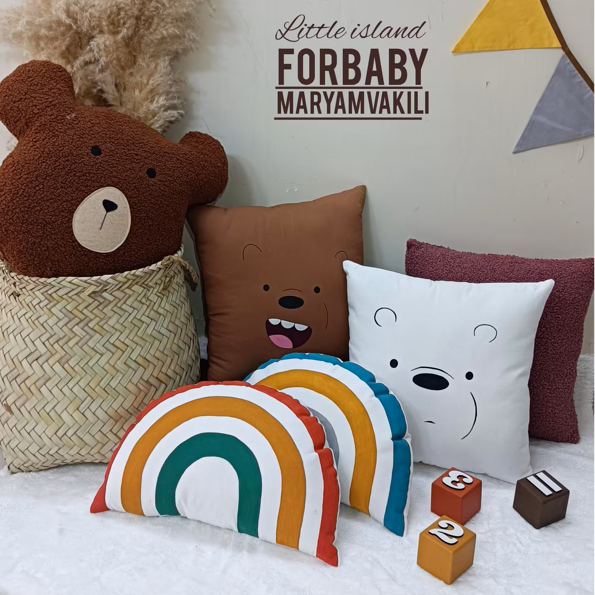 دوکوسن مربع طرح حیوانات و دو کوسن رنگین کمان.کوسن تدی مربع وتدی خرسی