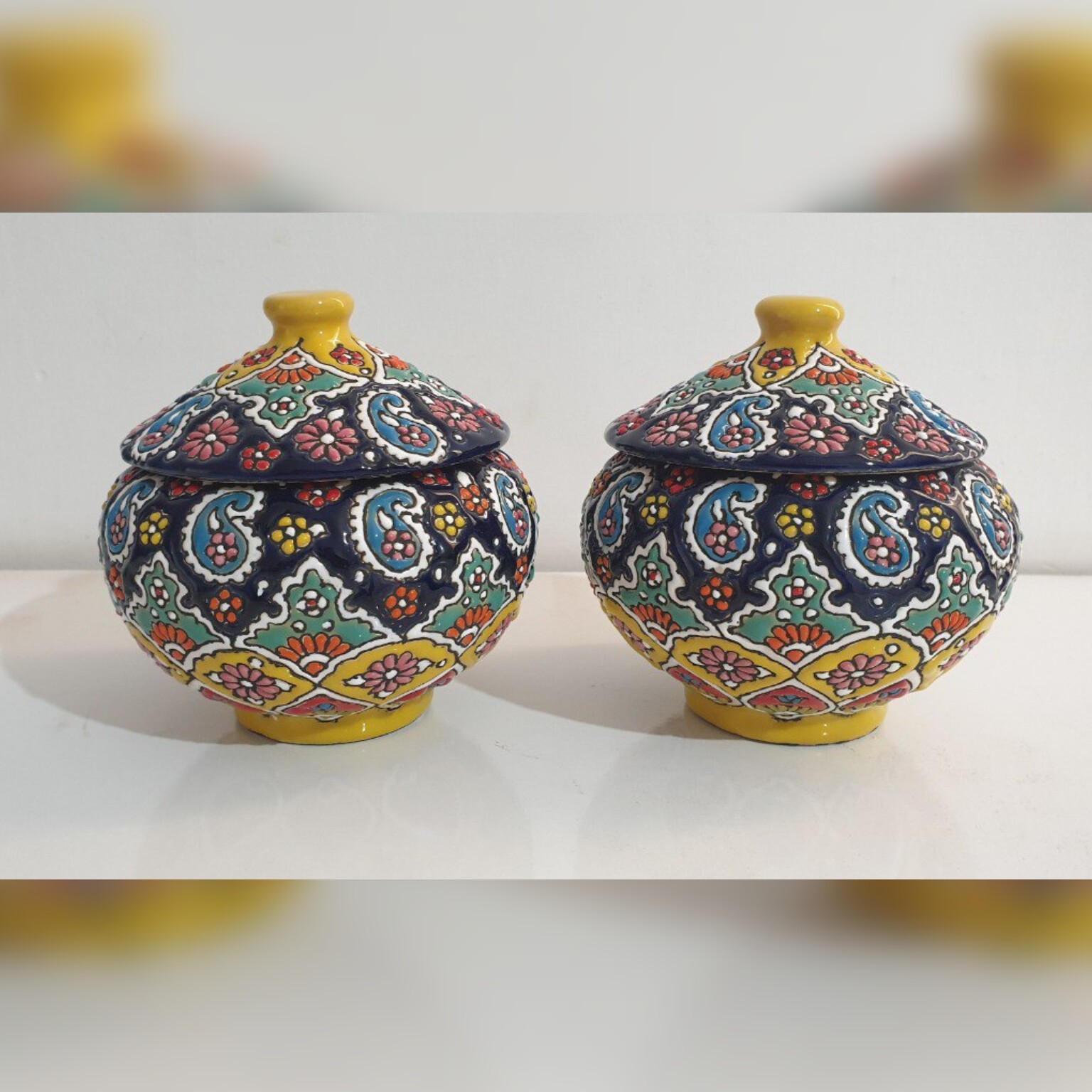 ست دو عددی قندان توپی سفالی میناکاری کد 1