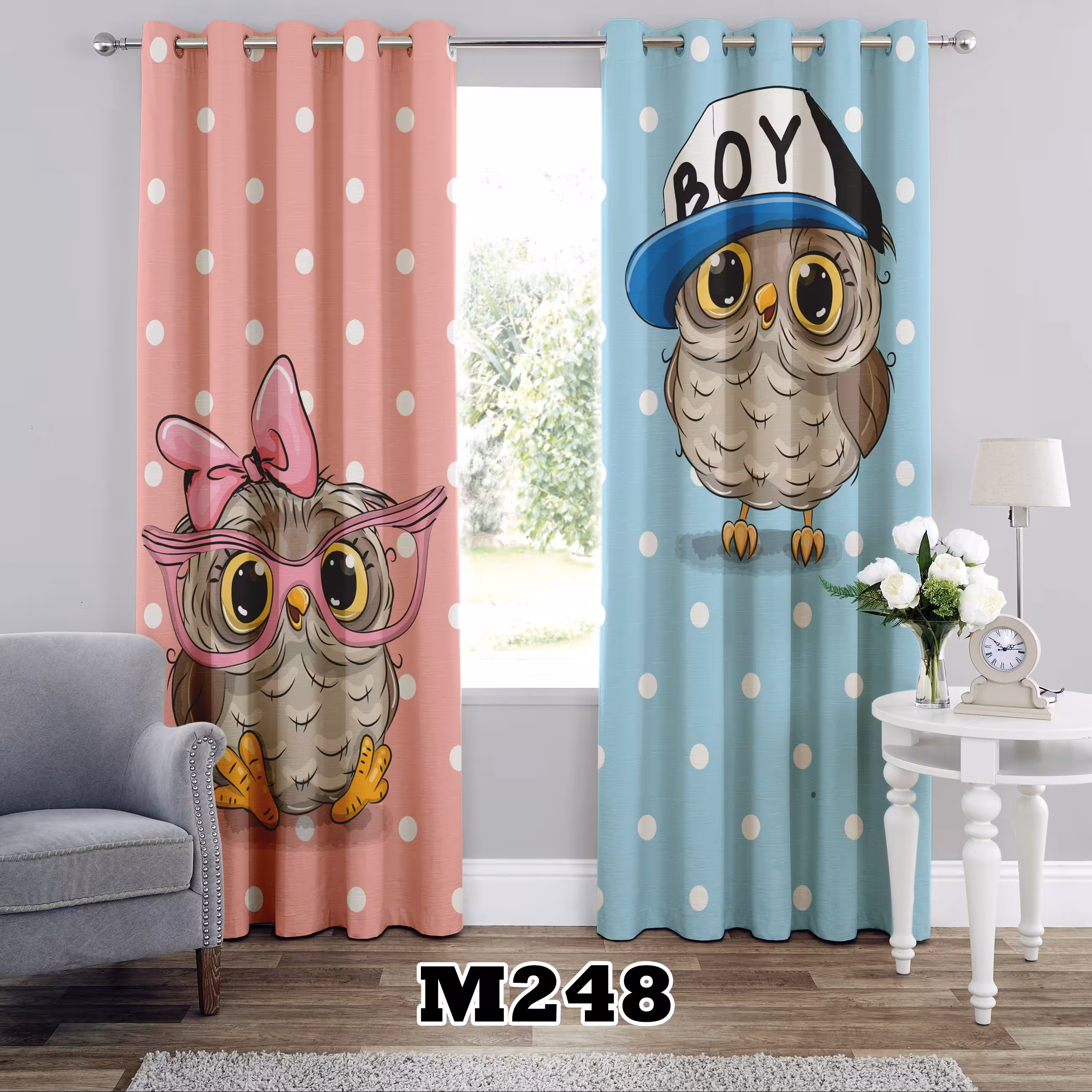 پرده چاپی پانچی طرح جغد کد M248 تک قواره ارتفاع 300 عرض 140 سانت