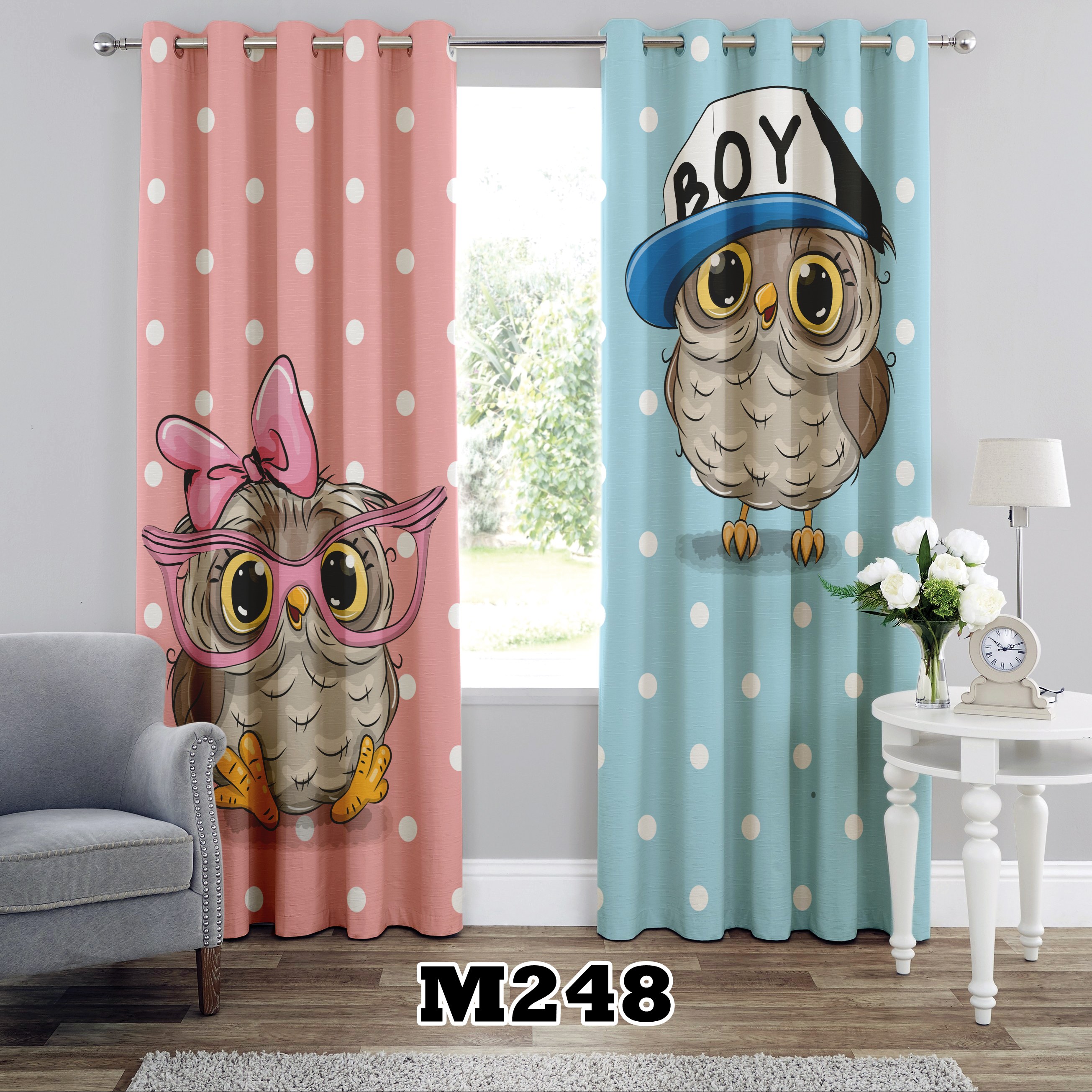 پرده چاپی پانچی طرح جغد کد M248 تک قواره ارتفاع 300 عرض 140 سانت