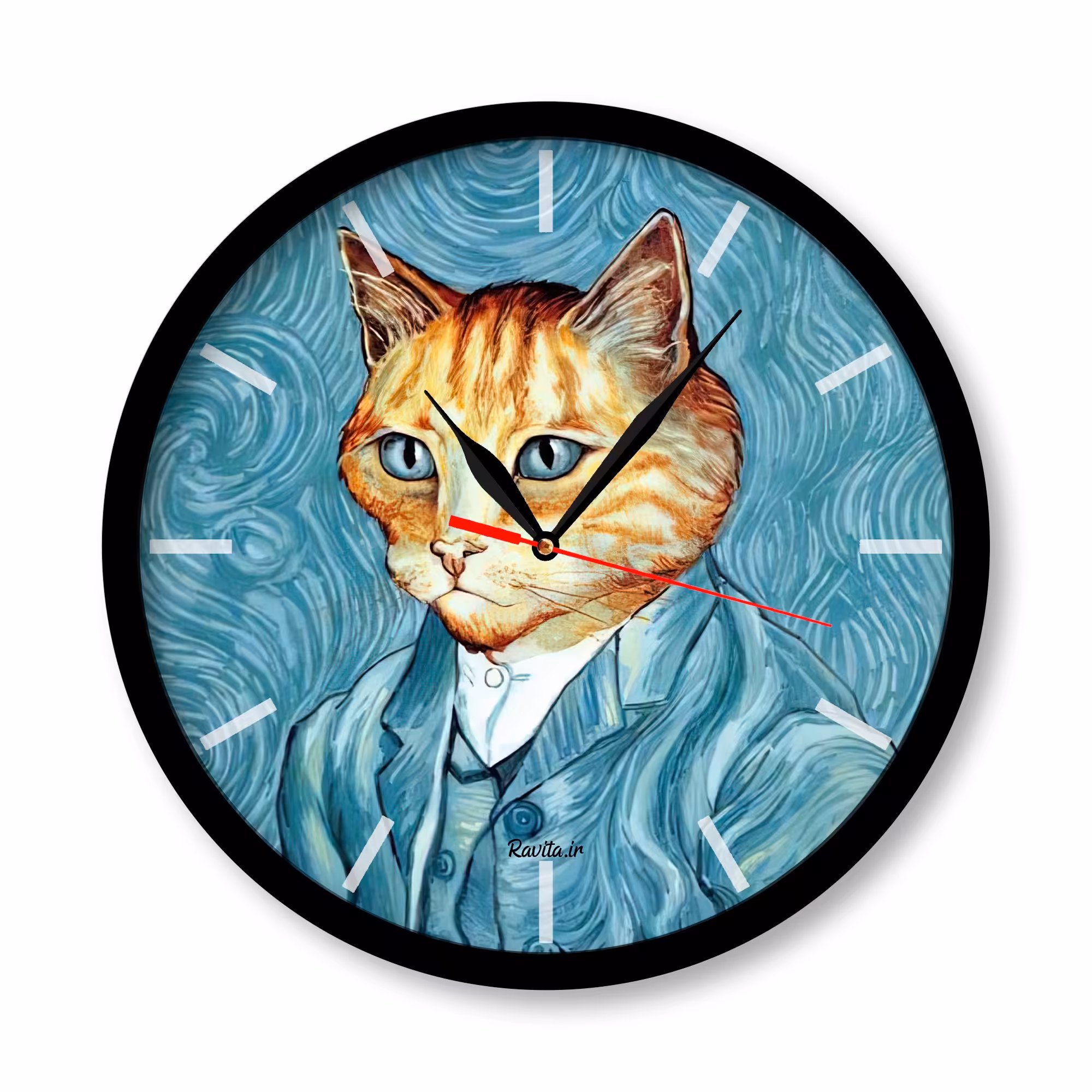 ساعت دیواری راویتا مدل گربه ها کد 3314  در رنگ های مشکی و سفید 
