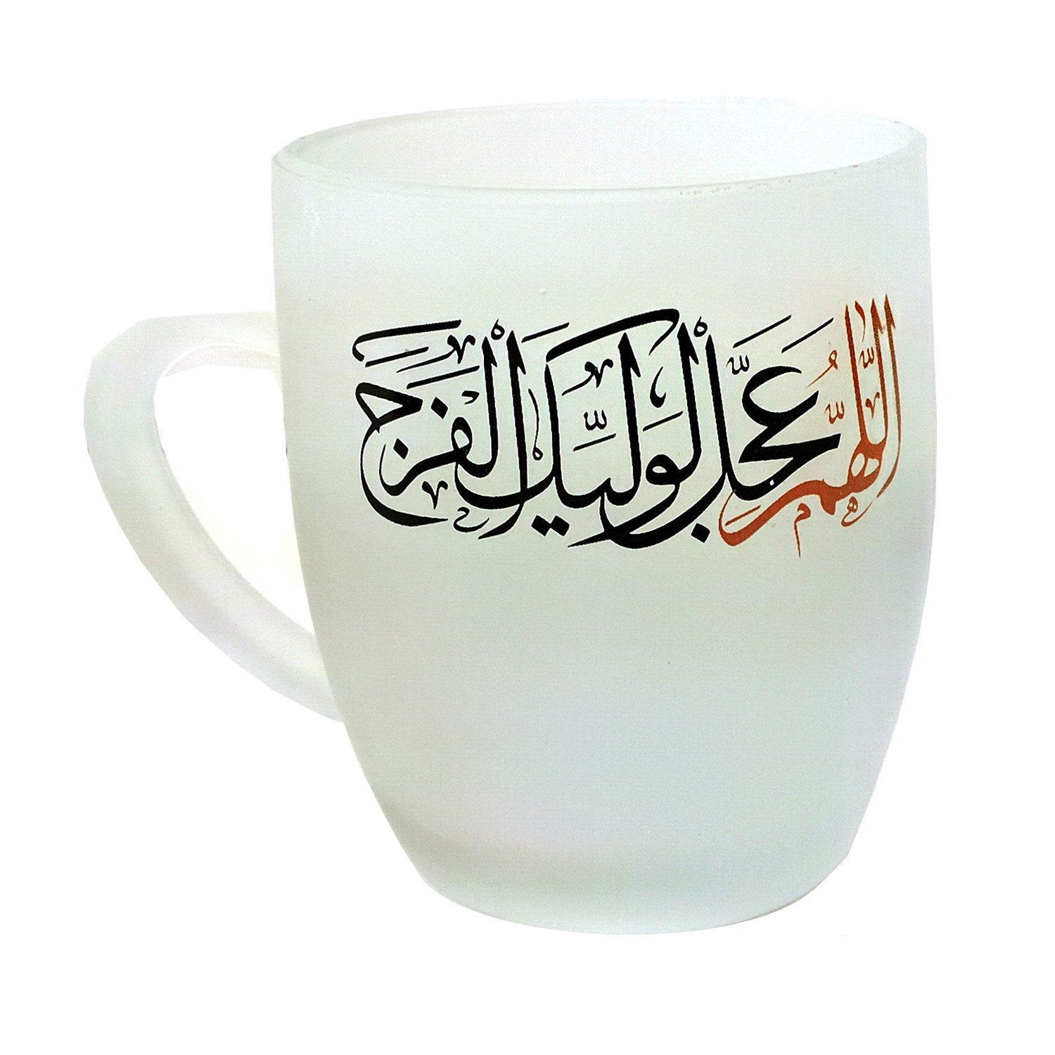 102761-لیوان شیشه ای مذهبی دسته دار مات اللهم عجل لولیک الفرج-در 4 رنگ (قرمز-طلایی-سبز-آبی)