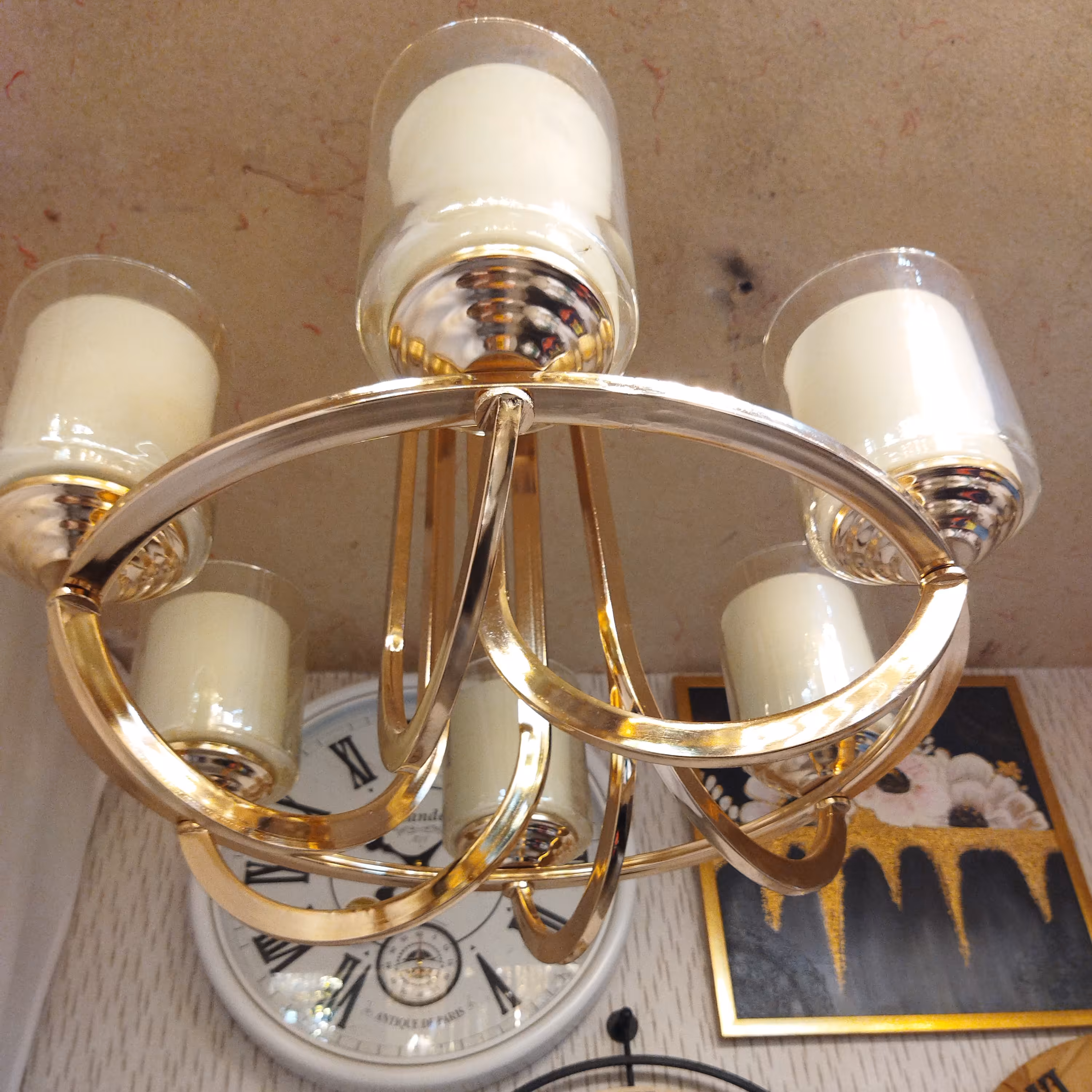 لوستر پروفیلی تک رینگ 6شعله با آبکاری طلایی آنتیک کروم