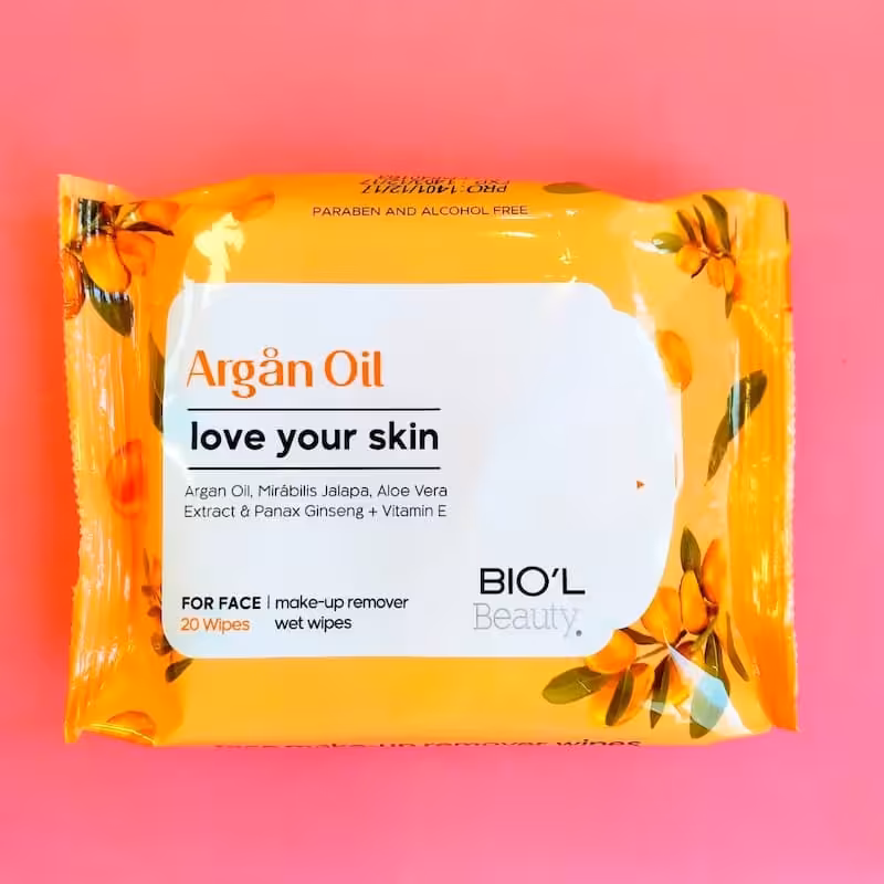 دستمال مرطوب بیول با روغن آرگان مناسب پوست خشک و حساس مخصوص  پاک کردن آرایش با عصاره لاله عباسی  ضد جوش و ضد حساسیت 
