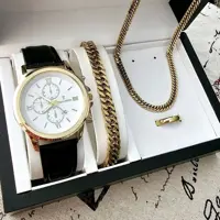 ست ساعت بندچرم رومانسون دارای دو رنگ و گردنبند و دستبند و انگشتر مردانه زیبا