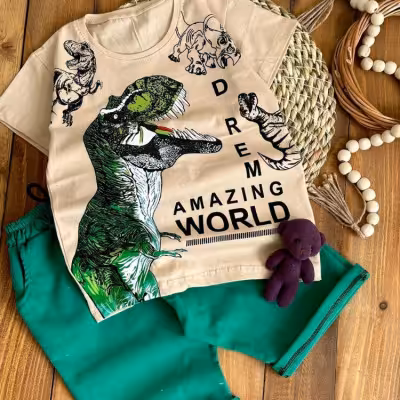 ست تیشرت شلوارک بچگانه دایناسور مناسب 6 تا 12 سال