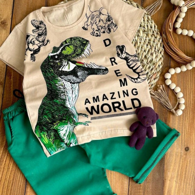 ست تیشرت شلوارک بچگانه دایناسور مناسب 6 تا 12 سال