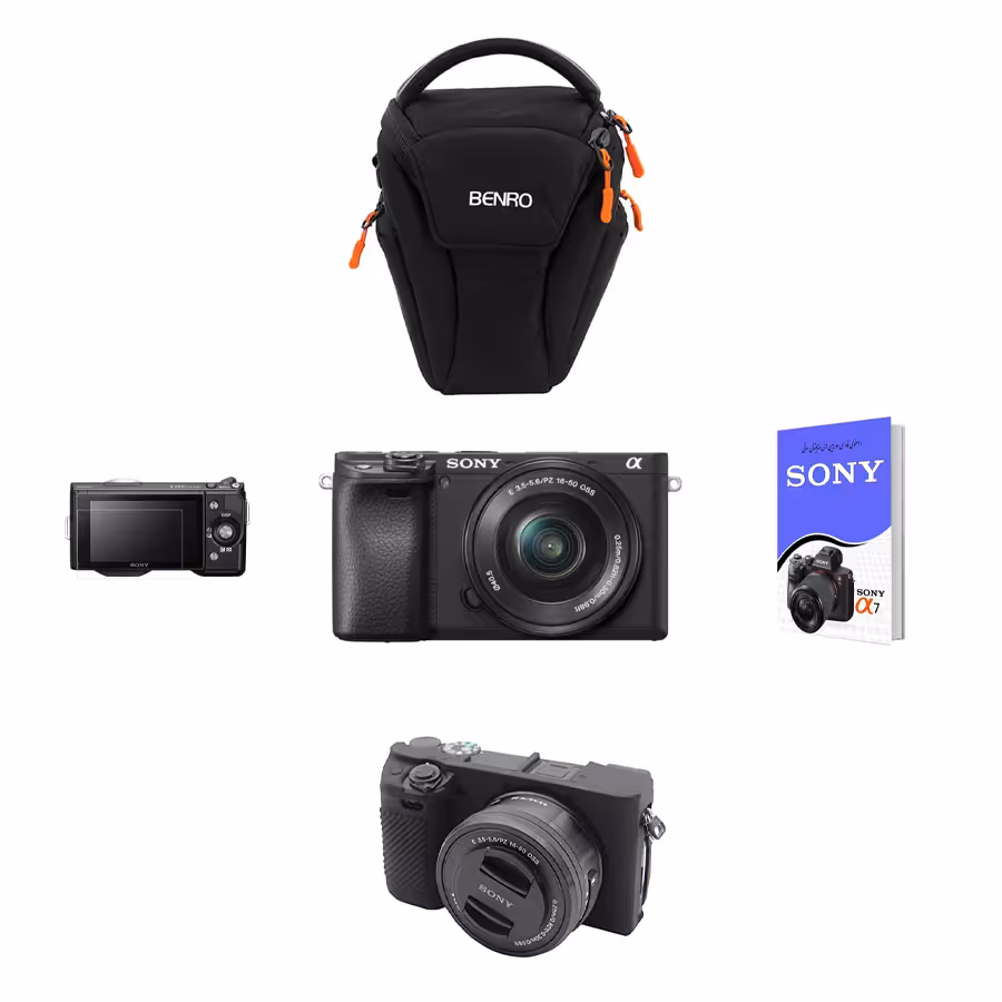 کیت دانشجویی دوربین سونی a6400 kit 16-50mm ،کیف بنرو Z20 ، کاور سیلیکونی سونی 6300/Alpha 6400 ، کتاب راهنمای فارسی دوربین های سونی و محافظ صفحه نمایش
