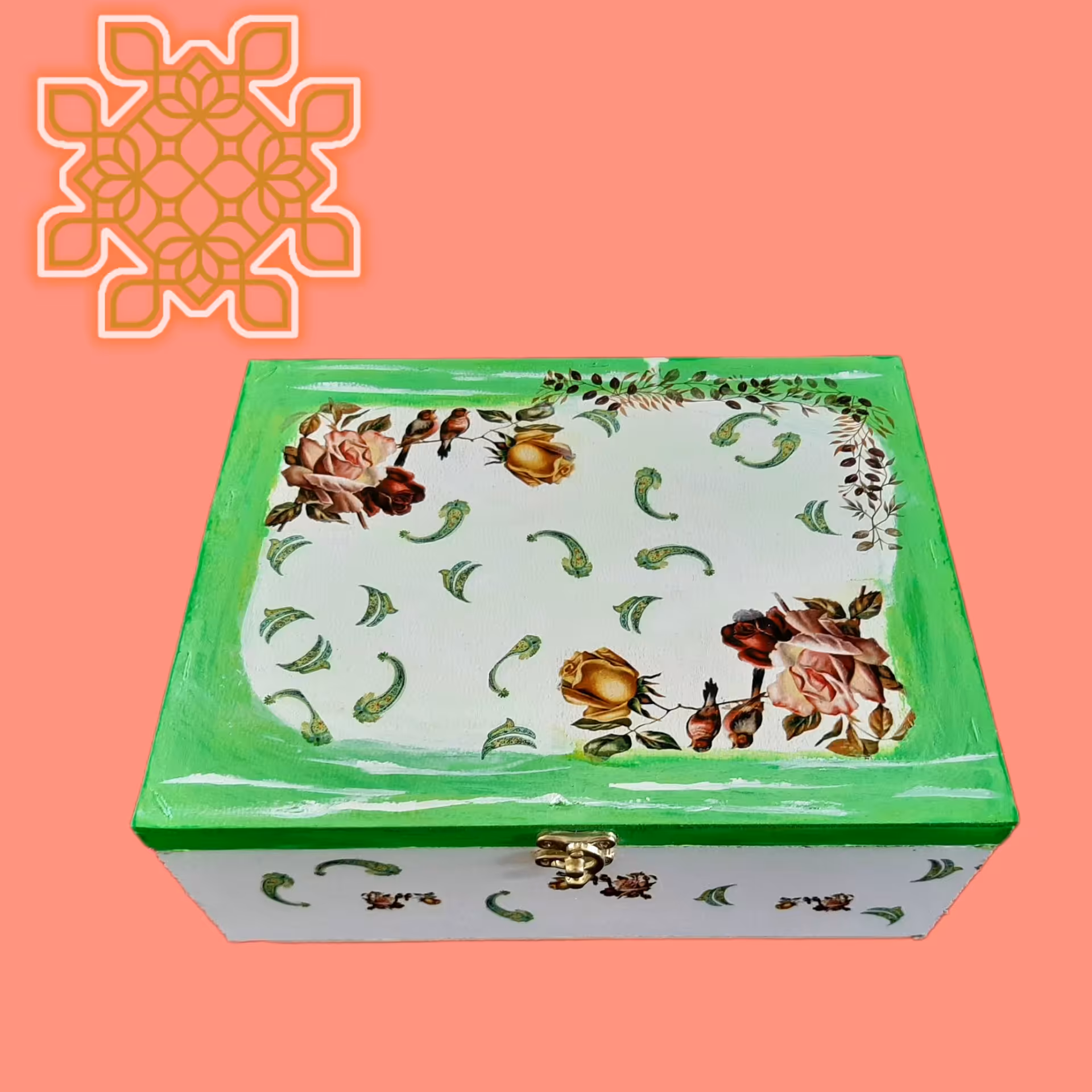 جعبه ام دی اف دکوپاژ طرح گل و مرغ