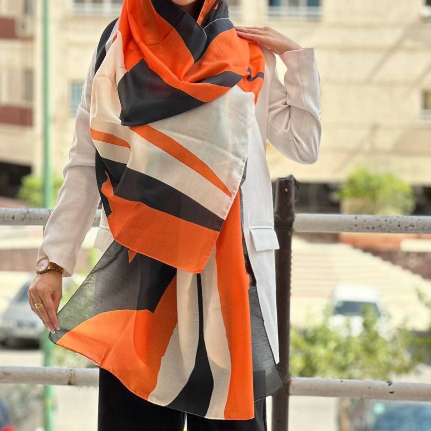شال زنانه ترکیب رنگ نارنجی مشکی کرم ارسال رایگان تمام نخ