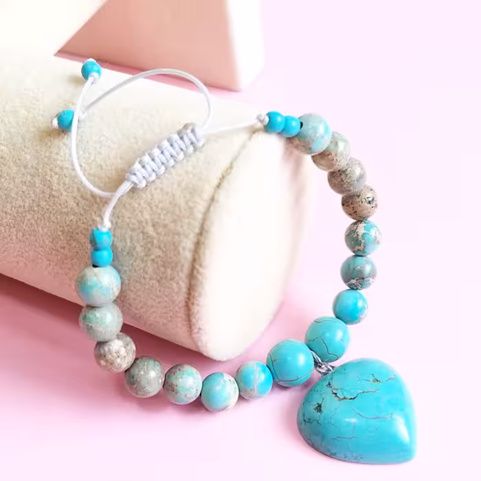 دستبند تمام سنگ فیروزه و اویز قلب فیروزه