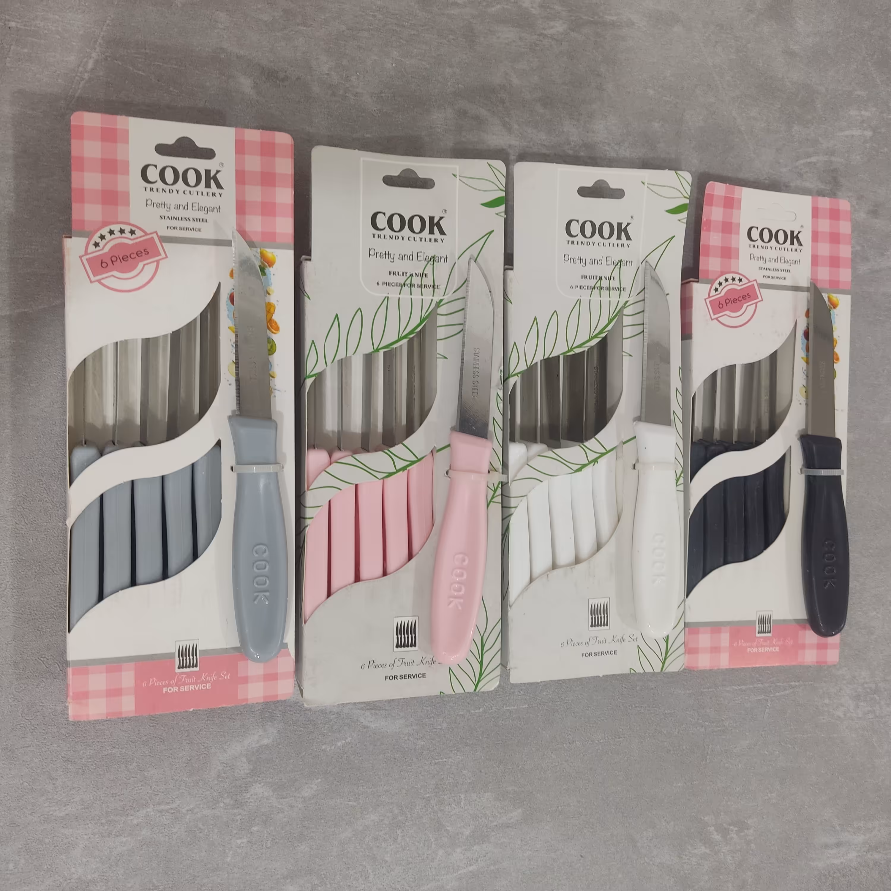 کارد میوه خوری در 4رنگ بسته 6 عددی مارک cook کوک تیغه تیز و ساده دسته پلاستیک فشرده .چاقو.قیمت مناسب طول 15سانت 