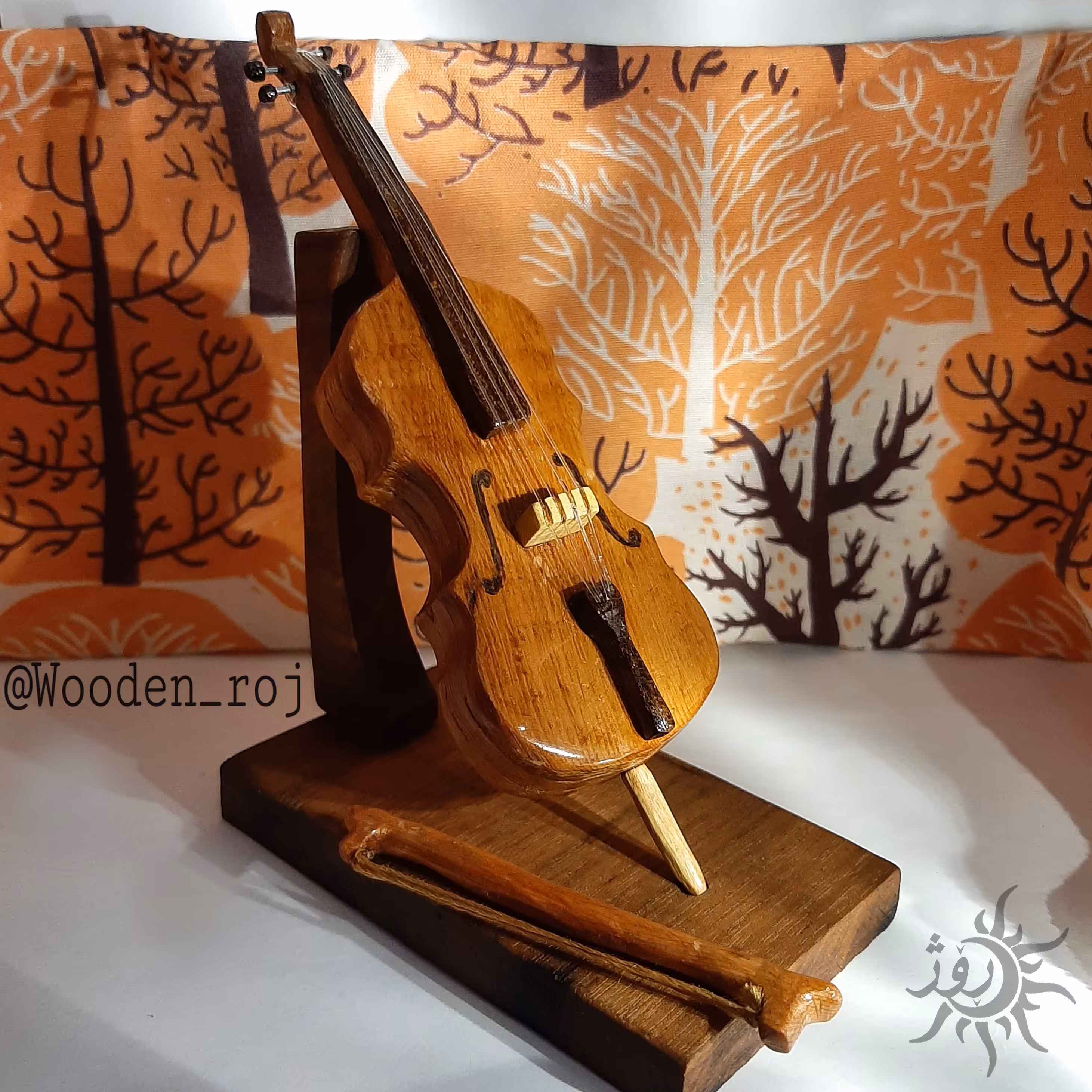 ویولونسل مینیاتوری چوبی دکوری 15 سانت همراه با پایه